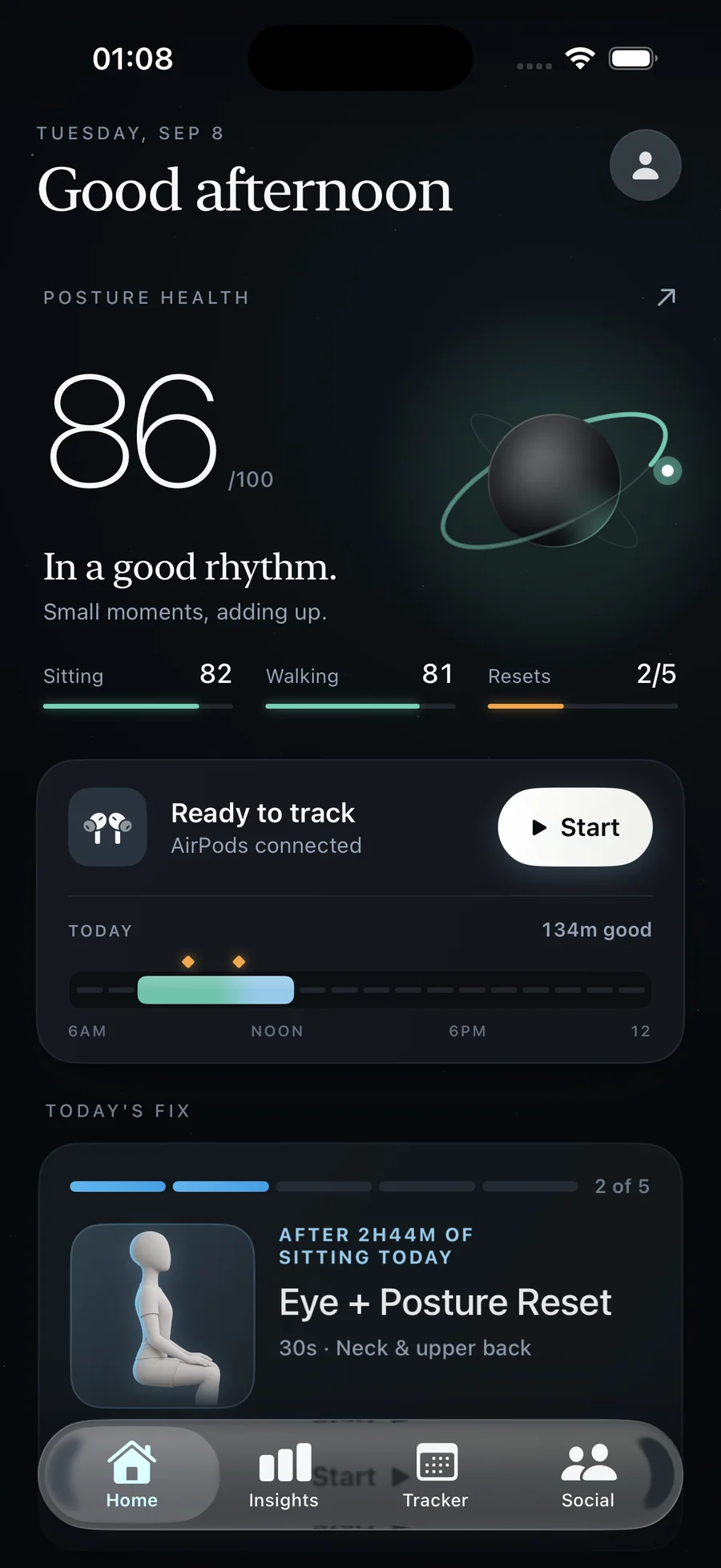 AirPosture Home on iPhone — the Posture Health orbit lit to today's score